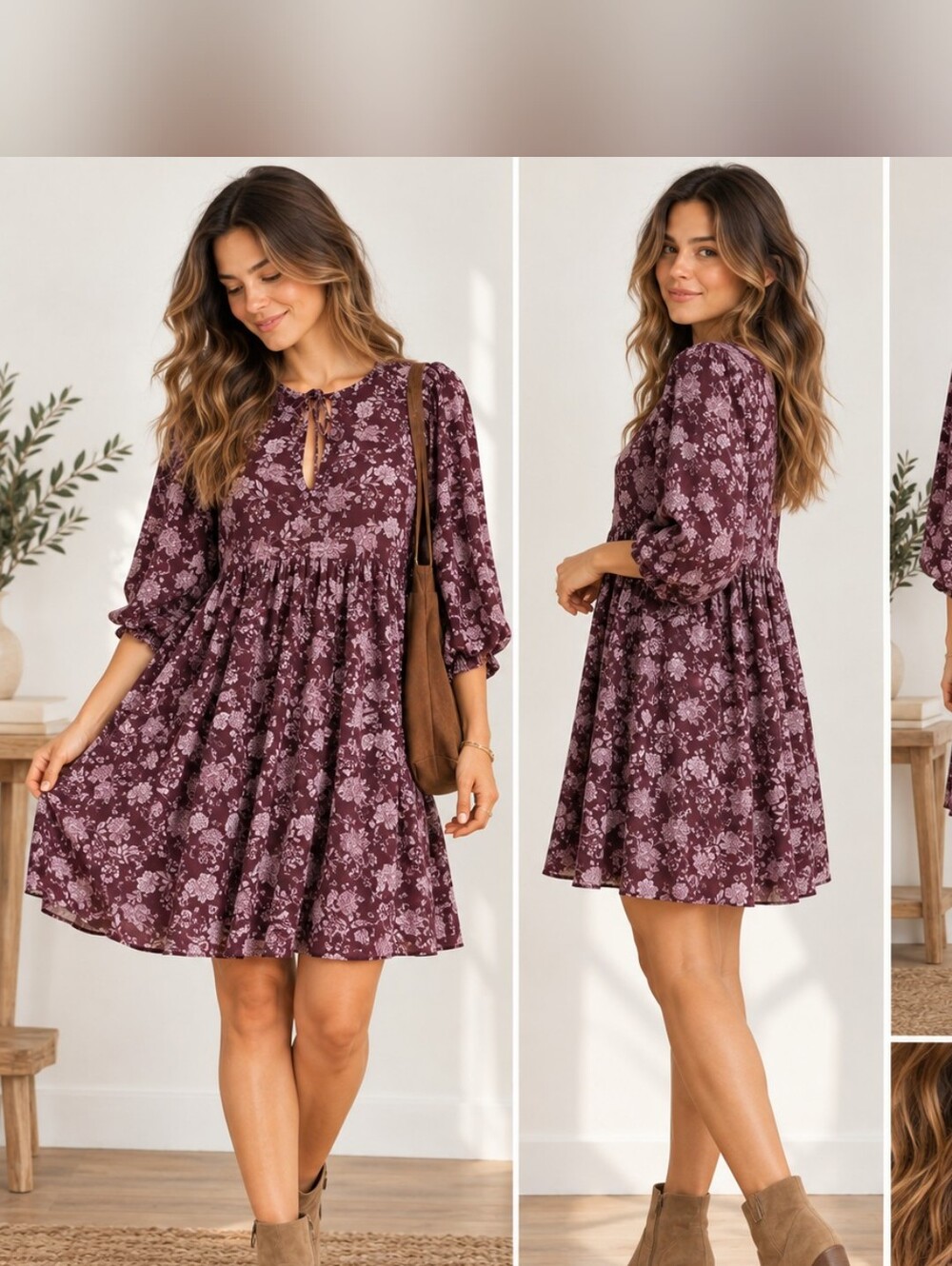 Madewell Burgundy Floral Split Neck Puff Sleeve Mini Dress XS